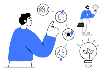 Man interacting with sensory icons, representing touch, sight, hearing, taste, smell. Another figure holding a lightbulb signifies creativity, problem-solving. Ideal for innovation education