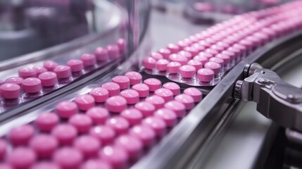 Pink pills on a conveyor belt