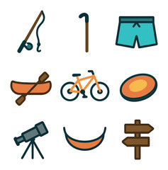 Camp Activity Icons. Flat icon set of camp activities: fishing rod, hiking stick, swimming trunks, canoe,