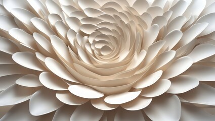 A detailed close-up view of a decorative, multifaceted flower design, composed of many overlapping paper petals in a light beige tone.