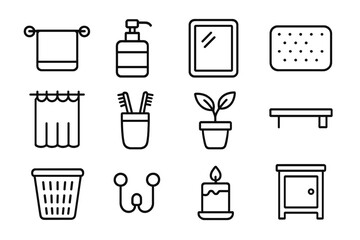 Bathroom Décor Icons. Outline icon set of bathroom décor updates: towel rack, soap dispenser, mirror, bath mat