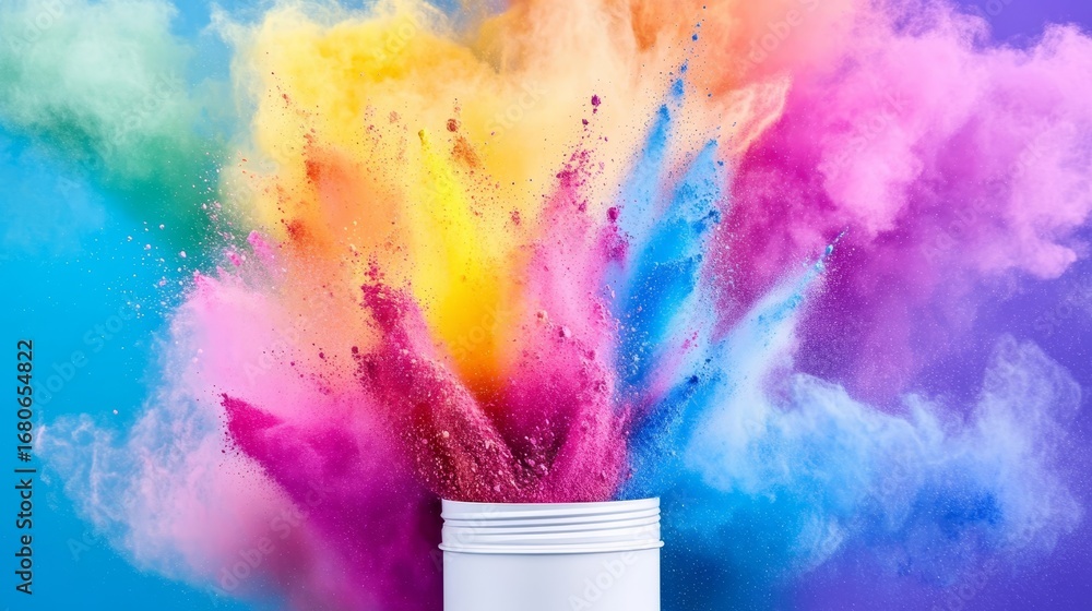 Poster a vibrant explosion of colored powders bursting from a pristine vessel creating a colorful display