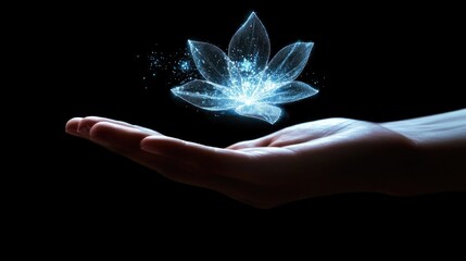 Fototapeta premium A hand holding a glowing, translucent lotus flower against a dark background.