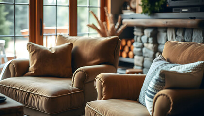 Fototapeta premium Cozy Rustic Living Room with Armchairs and Stone Fireplace