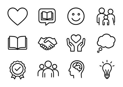 Emotional Connection Icons. Outline icon set of emotional connection in branding: heart, storytelling bubble,