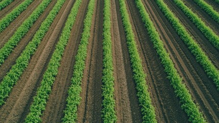 Vibrant green crops grow in well-structured rows on a sunny day