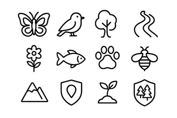 Biodiversity Icon Set. Outline icon set of biodiversity protection: butterfly, bird icon, tree, river, flower,