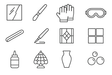 Glass Art Icon Set. Outline icon set of glass art: glass sheet, glass cutter, safety gloves, goggles, lead