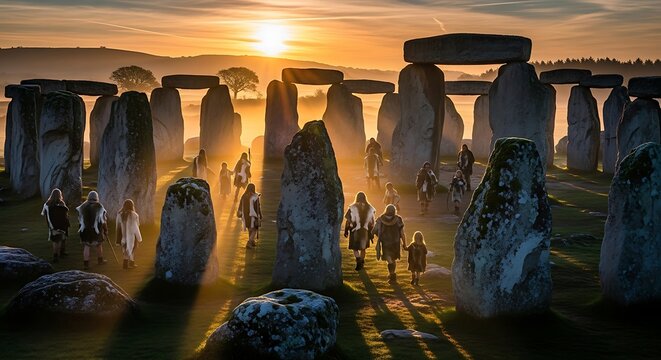 Sunrise at Stonehenge, People Walking Among Ancient Stones. - Powered by Adobe