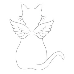 Silhouette of a cat with angel wings, minimal line art style, symbol of fantasy, spirituality, and pets.