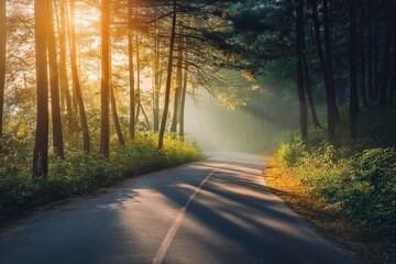 Fototapeta premium Scenic forest road winding through tall trees, with warm sunlight filtering through the fog on a tranquil morning, creating a serene atmosphere