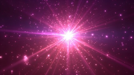 Fototapeta premium A radiant, vibrant explosion of pink light radiates outward from a central point, highlighted by numerous tiny particles in a deep purple backdrop.