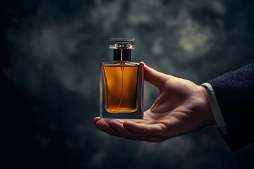 stylish male hand offering cologne bottle, dark and elegant background 
