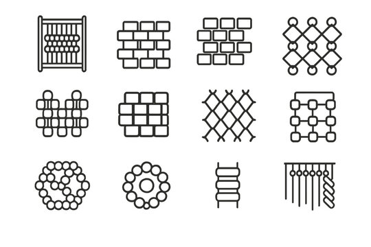 Bead Weaving Icons. Outline icon set of bead weaving techniques: loom, peyote stitch, brick stitch,