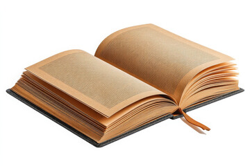 Open hardcover book with blank aged pages and visible bookmark, evoking old knowledge