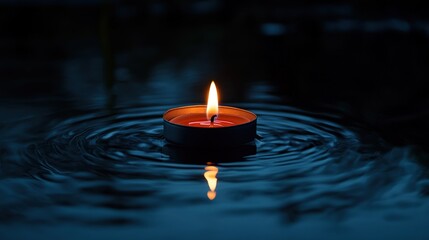 A single candle flickers softly in darkness, casting warm light on an unlit surface—symbolizing hope and resilience during a difficult cancer journey; flame reflection creates delicate water ripples