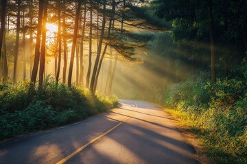 Beautiful sunbeams shining through trees on a scenic road at sunrise, creating a magical atmosphere