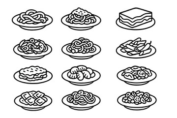 Gourmet Pasta Icons. Outline icon set of gourmet pasta dishes: fettuccine alfredo, spaghetti bolognese,