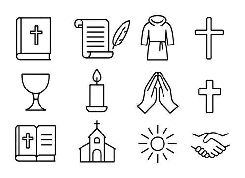 Augustine vs Pelagius Icons. Outline icon set of Augustine vs Pelagius debates: Bible, scroll, quill, monk