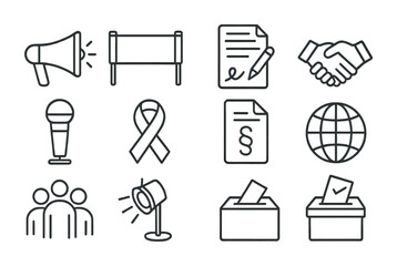 Advocacy Icon Grid. Outline icon set of advocacy campaigns: megaphone, banner, petition, signature, handshake,