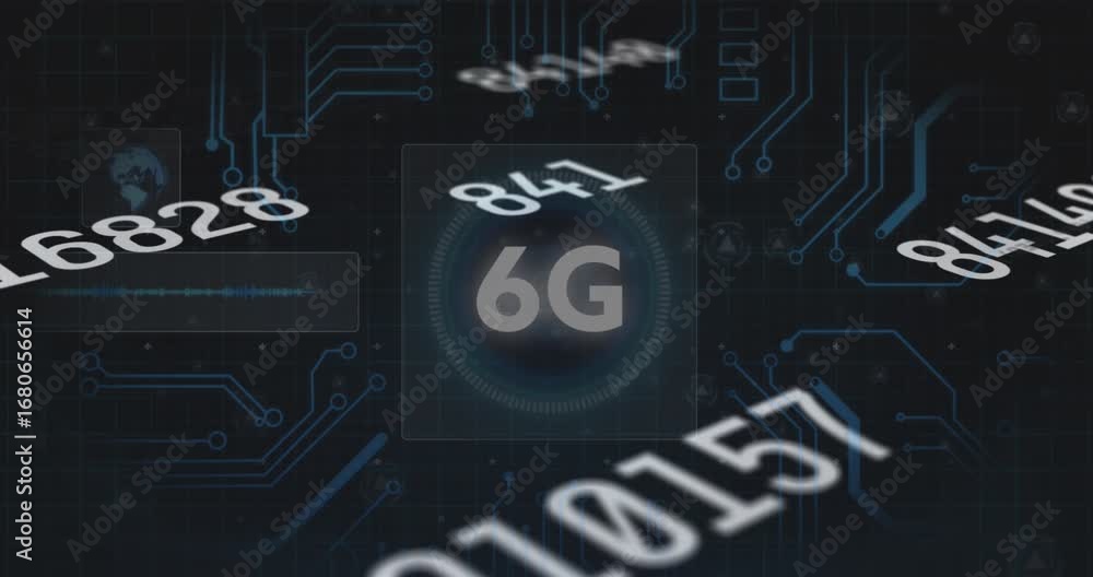 Poster animation of numbers, 6g icon with hud processing on digital interface