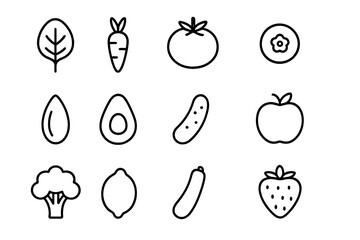 Raw Food Icons. Outline icon set of raw food diet: spinach leaf, carrot, tomato, blueberry, almond, avocado,