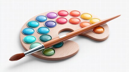 A wooden art palette filled with vibrant colors and a paintbrush
