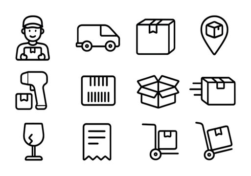 Package Delivery Icons. Outline icon set of package delivery: courier, delivery van, parcel box, tracking