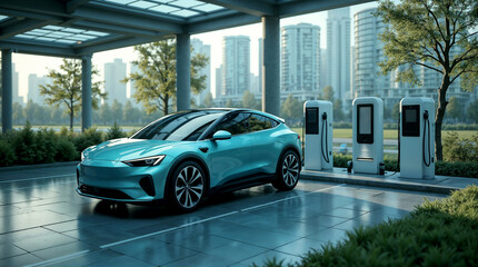 Modern charging station for electric vehicles, futuristic design
