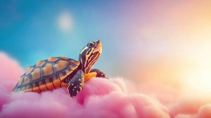 Turtle rests on fluffy pink clouds during a colorful sunset