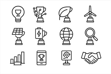 Green Tech Icon Set. Outline icon set of green tech innovation contests: lightbulb, circuit board, leaf, wind
