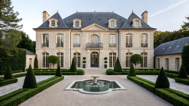 Grand french chateau with formal gardens and fountain in evening light