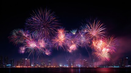 Colorful fireworks illuminate the night sky over a city skyline. Bright bursts of red, blue, and gold create a festive atmosphere.