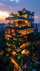 Obraz premium Sustainable urban dwelling: a glass skyscraper with integrated verdant terraces at twilight