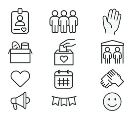 Volunteer Program Icons. Outline icon set of volunteer engagement programs: volunteer badge, group of people,