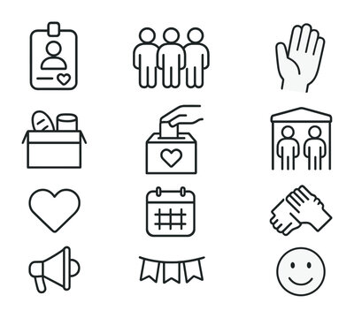 Volunteer Program Icons. Outline icon set of volunteer engagement programs: volunteer badge, group of people,