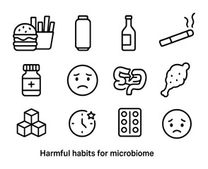 Microbiome Harm Icons. Outline icon set of harmful habits for microbiome: fast food, soda can, alcohol bottle,