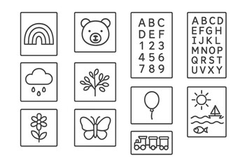 Nursery Wall Art Icons. Outline icon set of playful wall art for nursery: rainbow print, animal illustration,