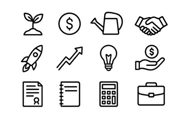 Seed Funding Icons. Outline icon set of seed funding: sprouting plant, dollar coin, watering can, handshake,