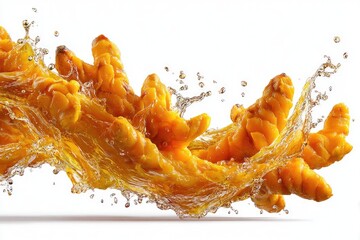 Turmeric roots in water splash, vibrant yellow