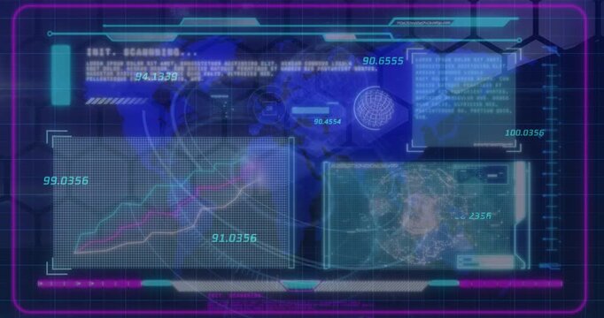 Animation of financial data processing against world map on digital interface - Powered by Adobe