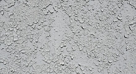 Obraz premium Close-up of a weathered light grey surface with extensive peeling and cracked paint texture, showing signs of age and deterioration.