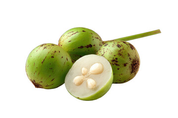 Obraz premium Fresh green fruit, speckled with dark spots, one halved to reveal seeds