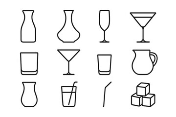 Glass Drinkware Icons. Outline icon set of glass drinkware: water carafe, wine decanter, champagne flute,