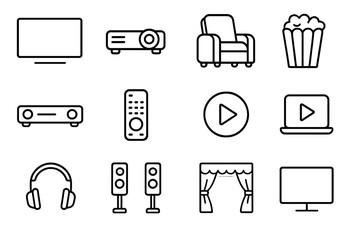 Smart Home Cinema Icons. Outline icon set of smart home cinema: large TV, projector, recliner chair, popcorn,