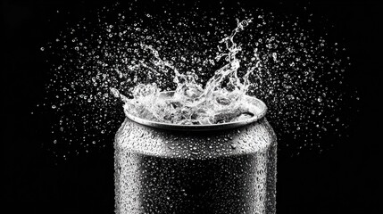 Water exploding from a can against a stark black background, conveying freshness and excitement.