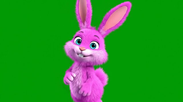 Animated pink bunny character against green screen for cheerful kids videos and Easter greetings, perfect for adding fun and whimsy to your project