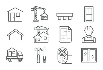 Modular Home Icons. Outline icon set of modular and prefabricated home construction: modular unit, crane,