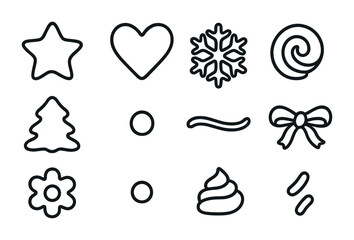 Holiday Icing Icons. Outline icon set of holiday icing designs: icing star, icing heart, icing snowflake,