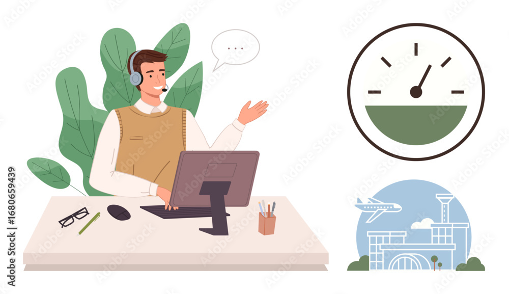 Aufkleber support agent wearing a headset working at desk, engaging in a conversation. wall elements include a